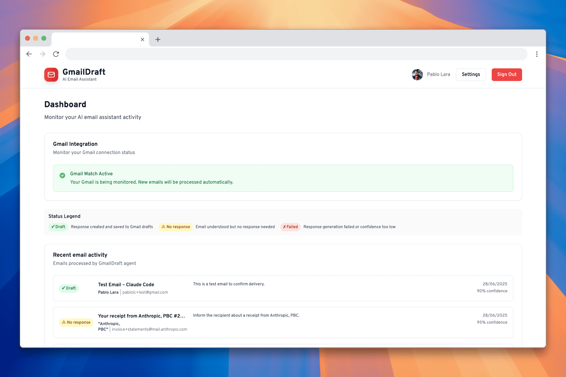 GmailDraft Dashboard showing email processing and AI status