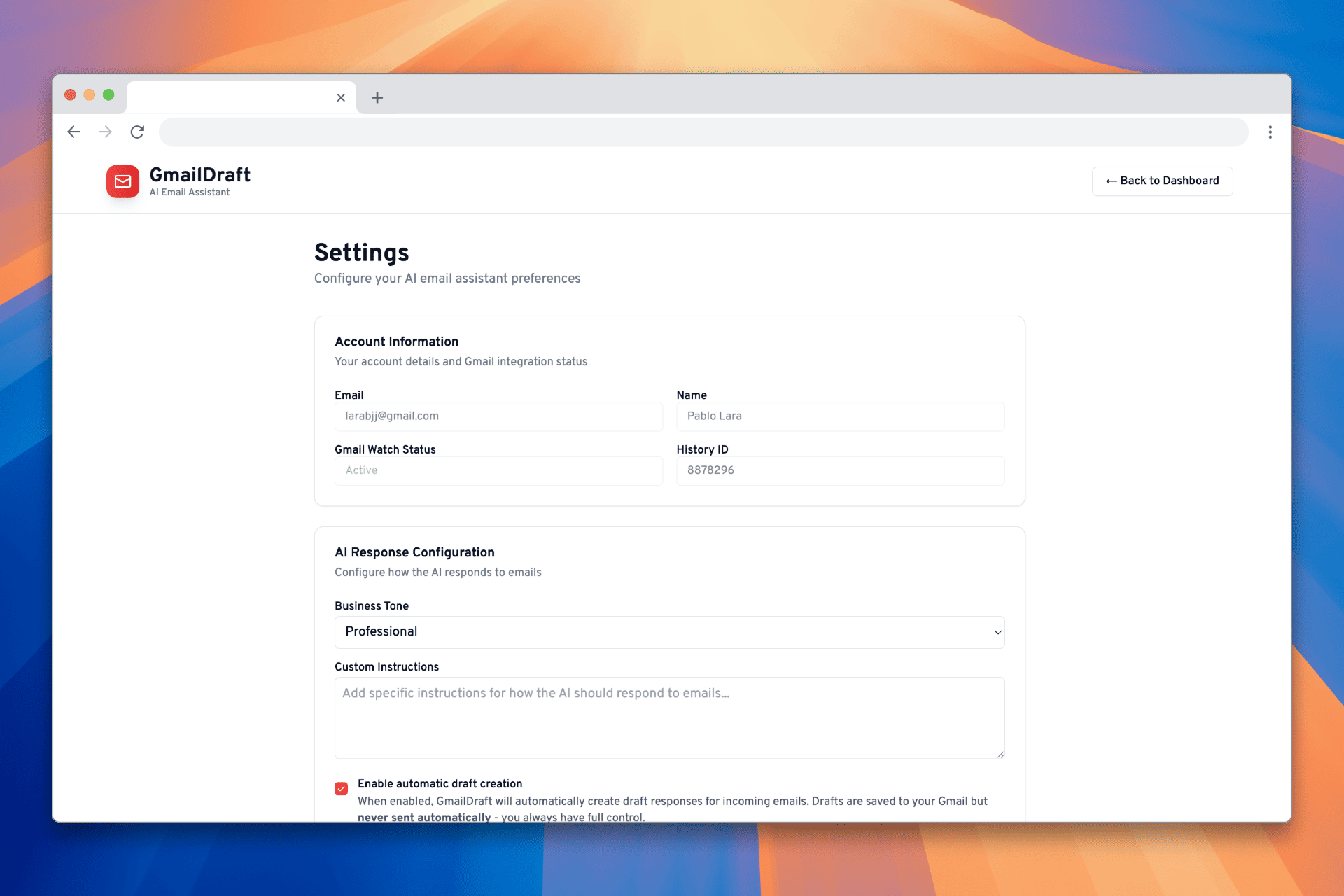 GmailDraft Settings panel for configuring AI tone and custom instructions