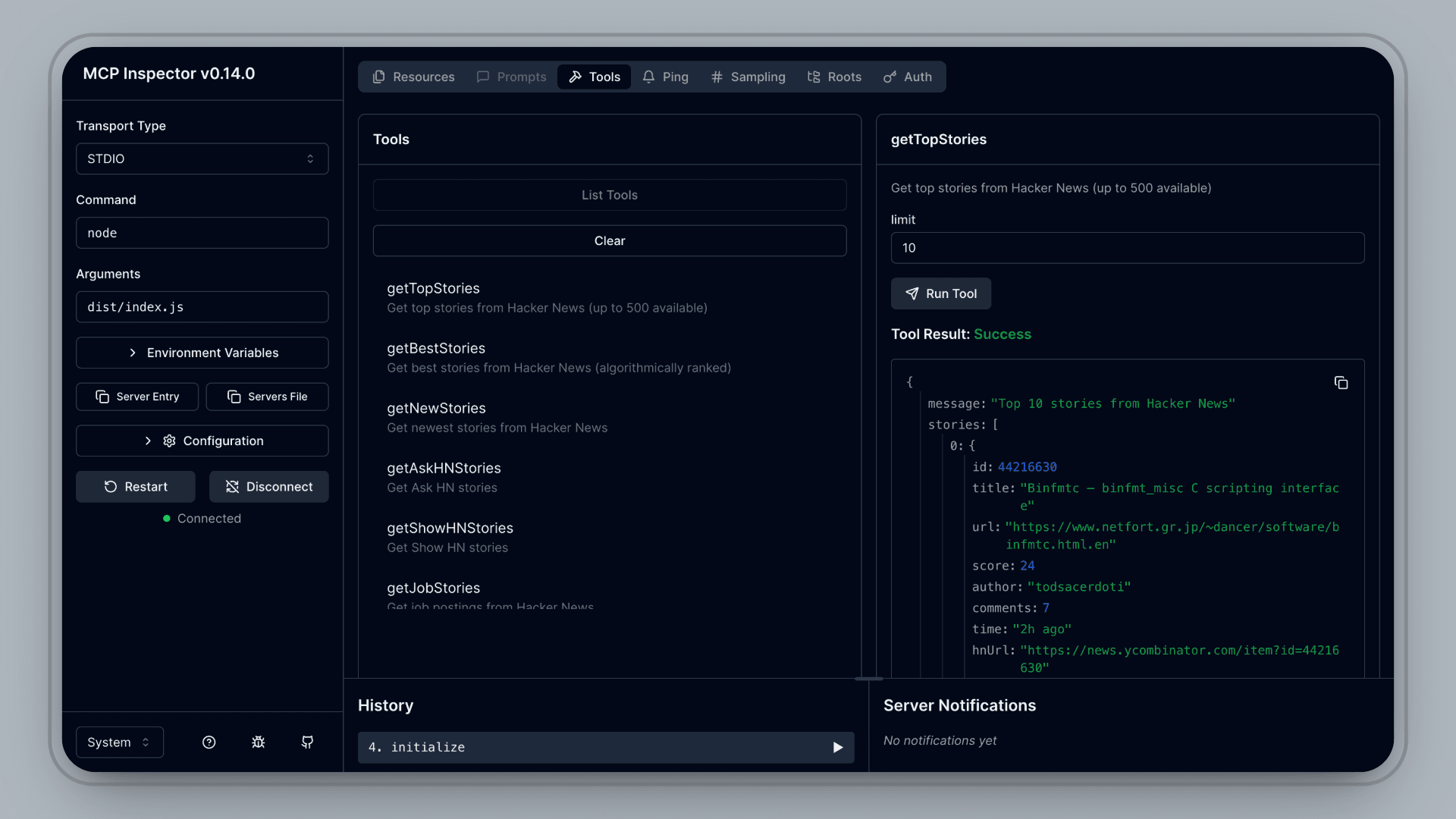 MCP Inspector interface showing Hacker News server tools