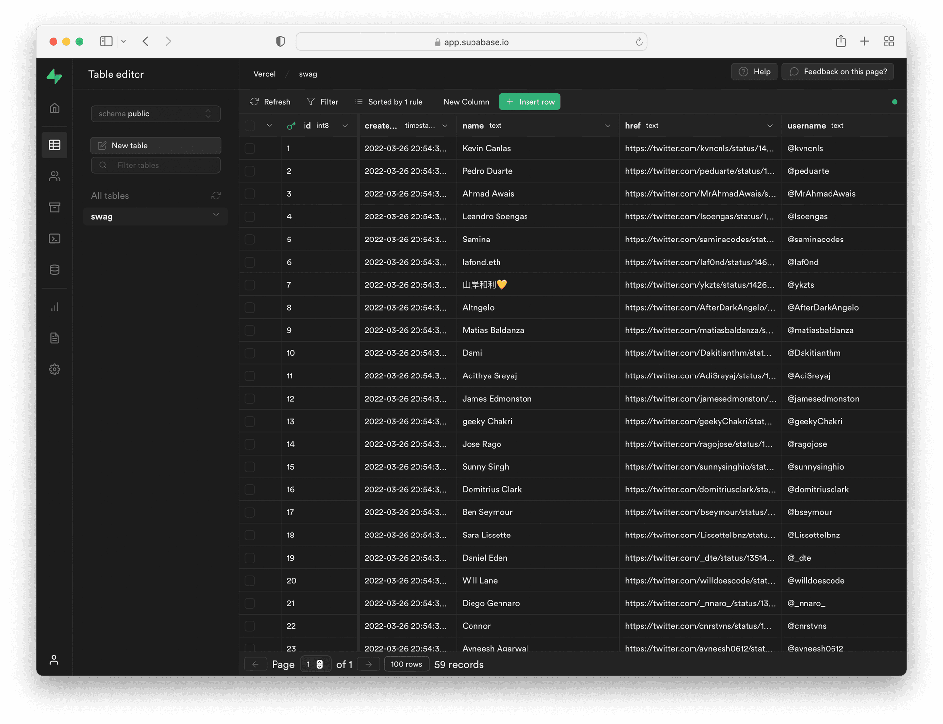 Supabase database table example